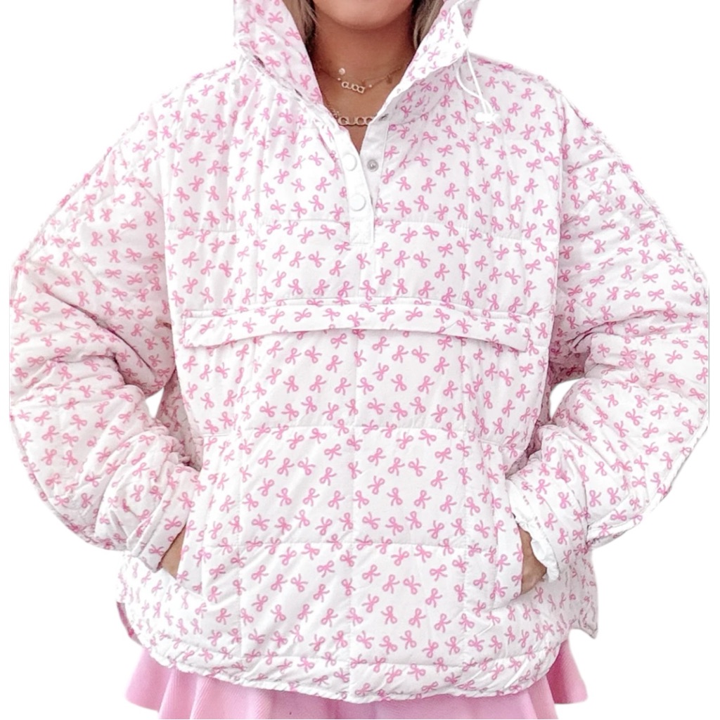 Nwt Rare As Revival Fancy Pink Bow Print Hooded Snap Up Quilted Puffer Pullover